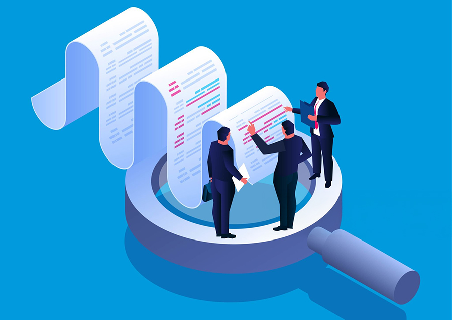 Bill analysis and test check, isometric three businessmen standing on a magnifying glass to discuss and analyze billing data
